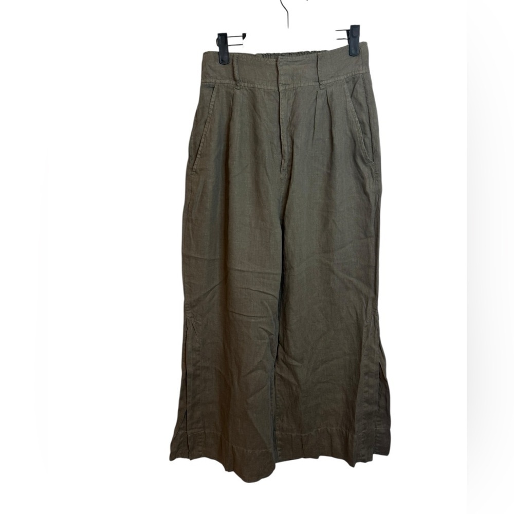 Joie Military Green High Waisted Wide Split Leg Linen Pants